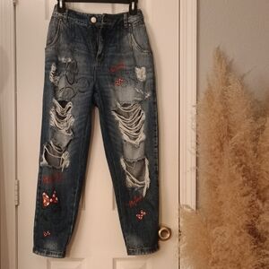 Disney Distressed Blue Boyfriend Jeans with Red Bow Embroidery